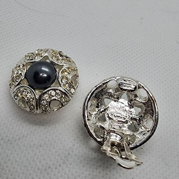 Napier Silver, Rhinestones, & Gray Faux Pearl Clip-On Earrings - Picture 4 of 4